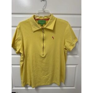 Pappagallo Women XL Yellow Polo Shirt Short Sleeve Gold Zipper Pink Logo Golf
